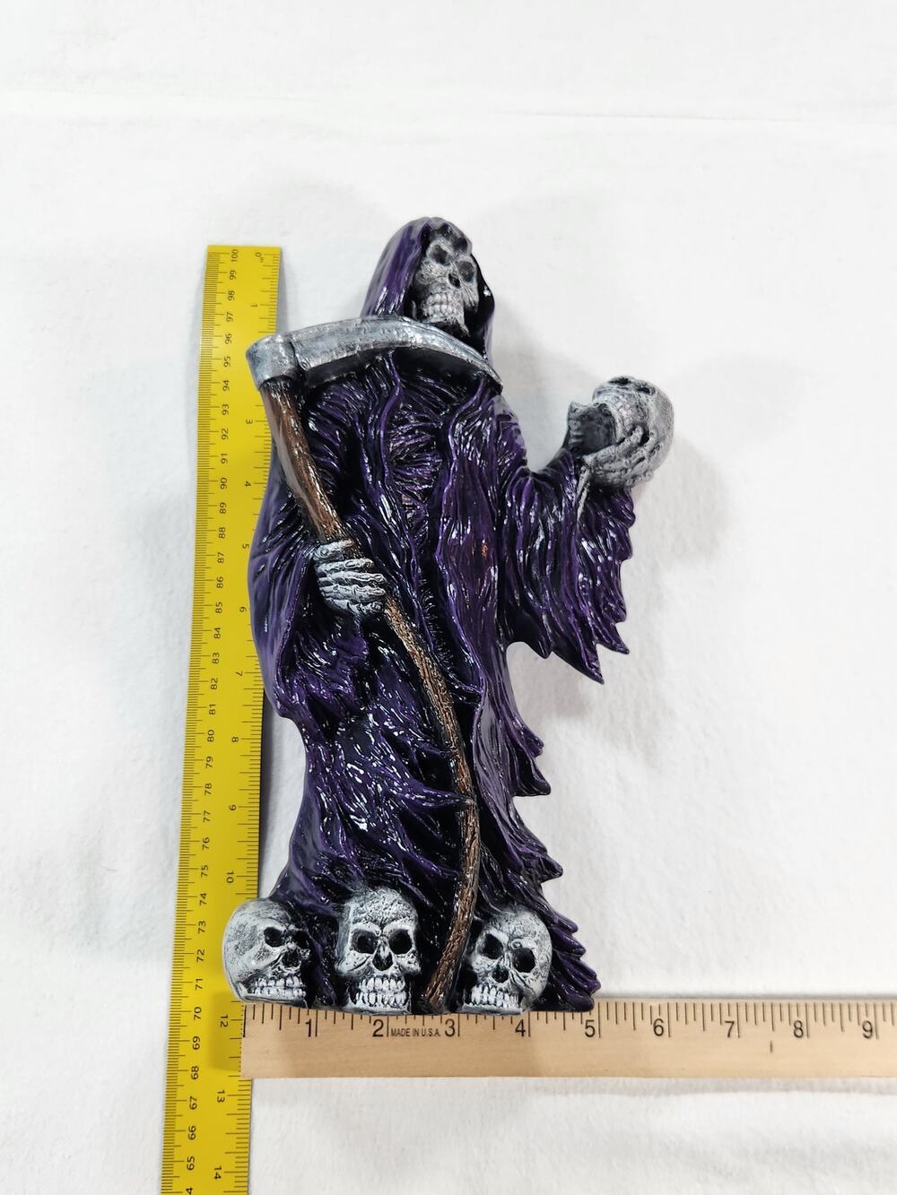 Grim Reaper Skeleton Holding Skull Purple Resin Figurine Statue 12" Decor